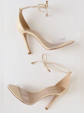 Schutz Josseana Nude Suede Clear PVC Ankle Tie Stiletto Sandals Size US 7 NWOB